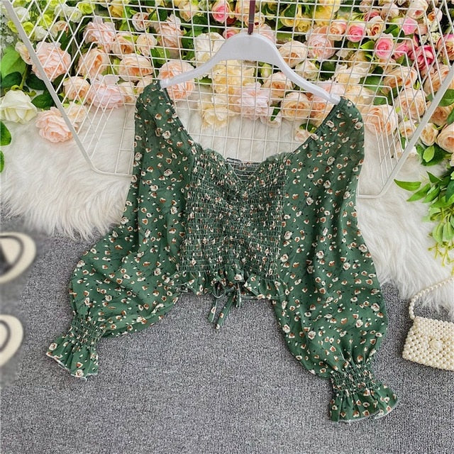 Long sleeve Square Collar Floral print Crop Top