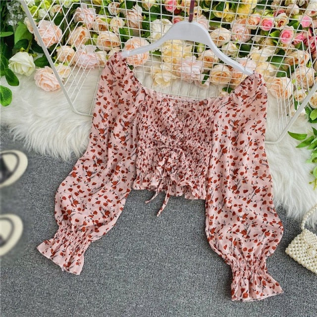 Long sleeve Square Collar Floral print Crop Top