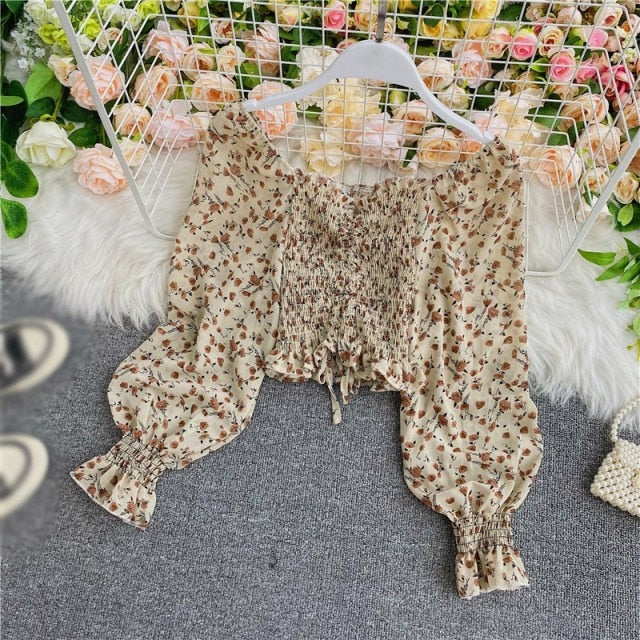 Long sleeve Square Collar Floral print Crop Top