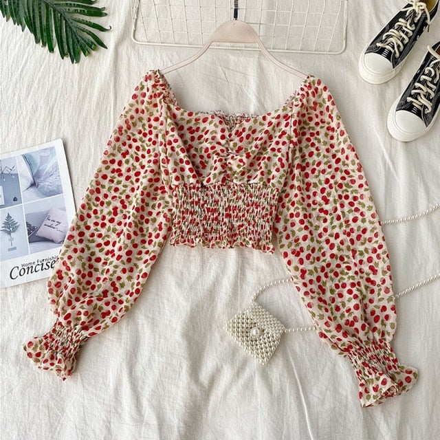 Long sleeve Square Collar Floral print Crop Top