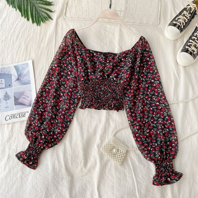 Long sleeve Square Collar Floral print Crop Top