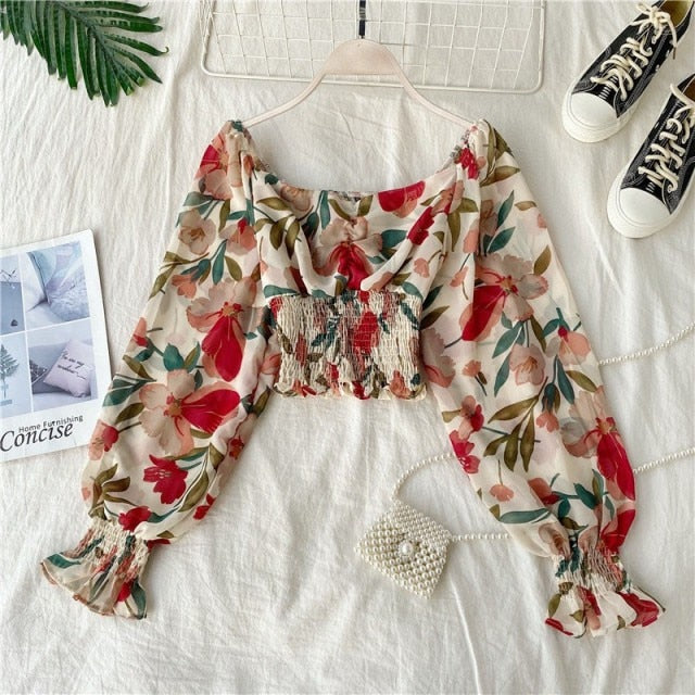 Long sleeve Square Collar Floral print Crop Top