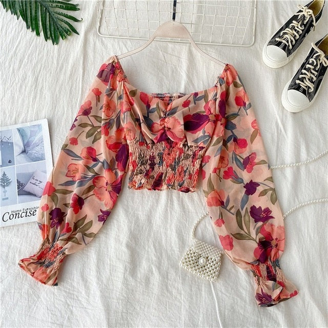 Long sleeve Square Collar Floral print Crop Top