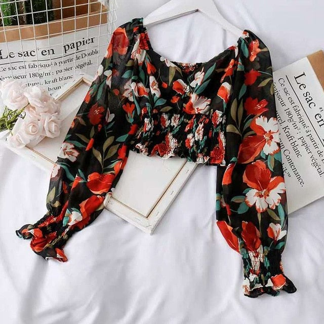 Long sleeve Square Collar Floral print Crop Top