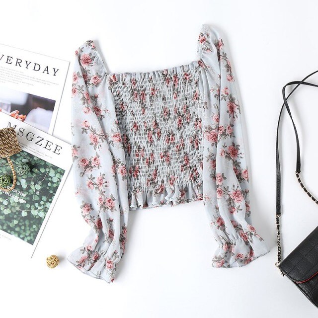 Long sleeve Square Collar Floral print Crop Top