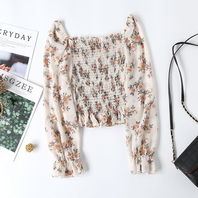 Long sleeve Square Collar Floral print Crop Top