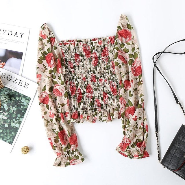 Long sleeve Square Collar Floral print Crop Top