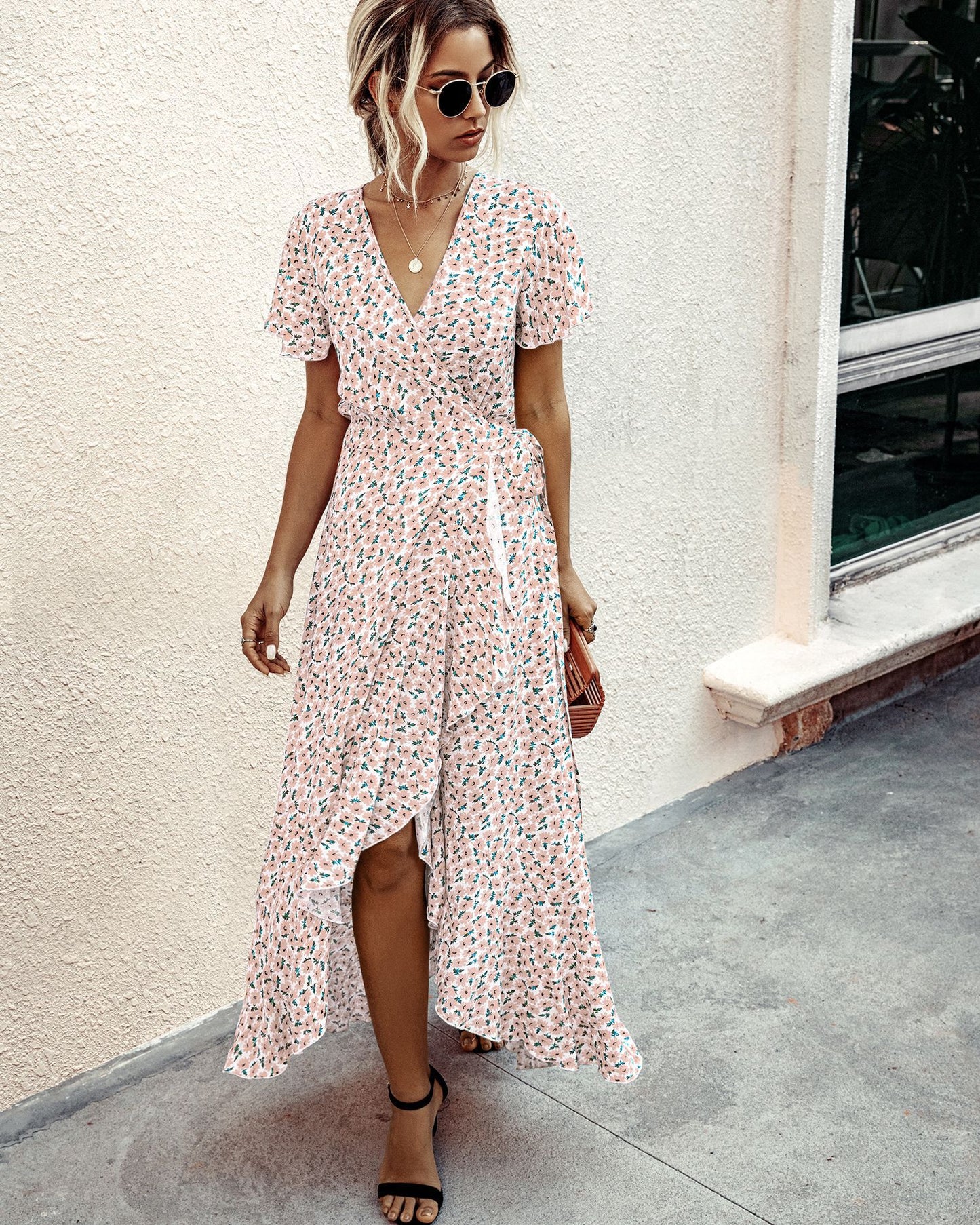 Polka dot Ruffles Short Sleeve Wrap Dress