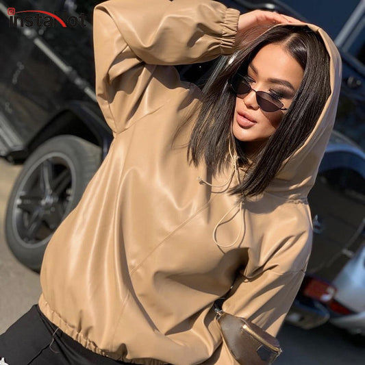 Faux Leather Hooded Sweatshirt