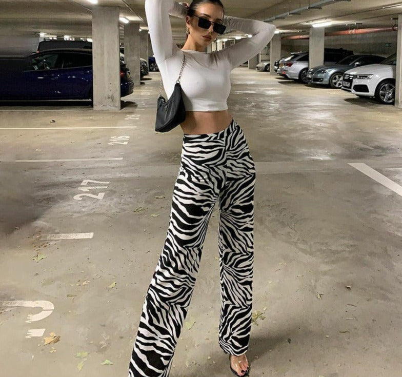 Zebra Print Wide Leg Trousers