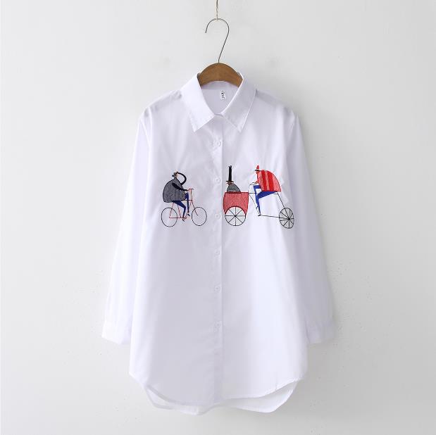 White Kittens Embroidered Long Sleeve Cotton Blouse White - Trolley