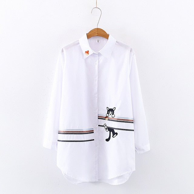 White Kittens Embroidered Long Sleeve Cotton Blouse