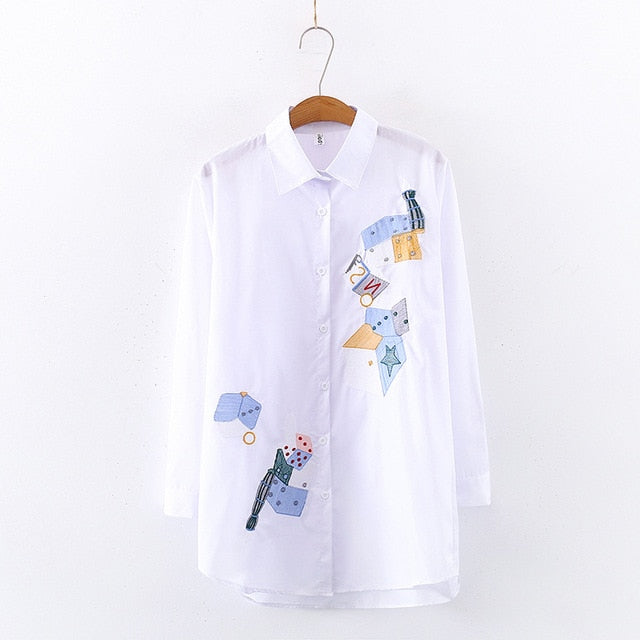 White Kittens Embroidered Long Sleeve Cotton Blouse