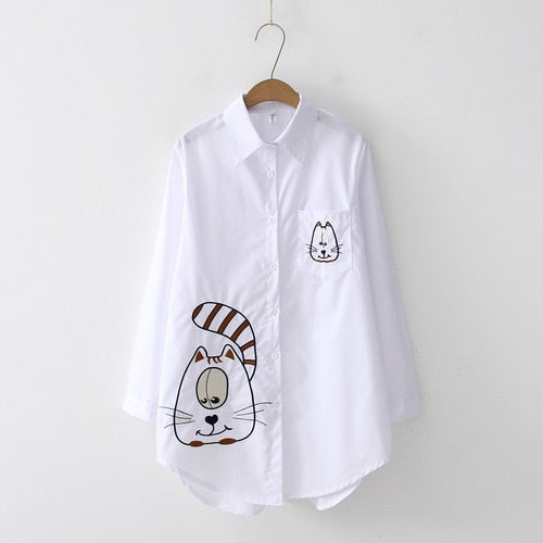 White Kittens Embroidered Long Sleeve Cotton Blouse White - Coffee Cat