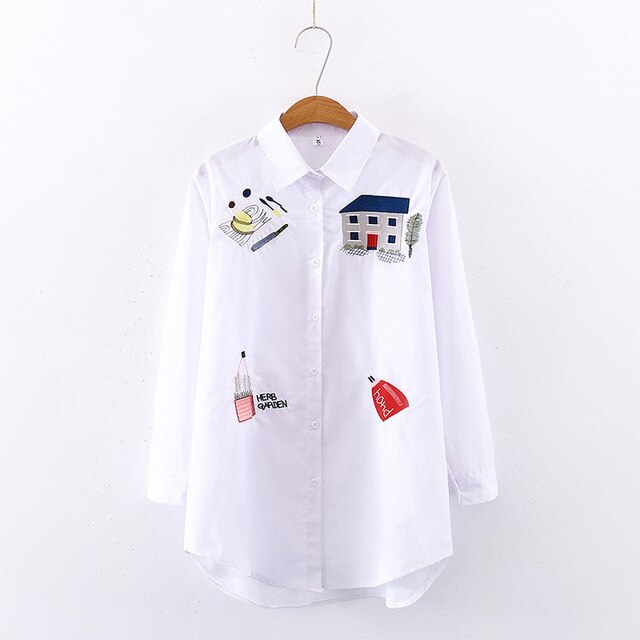 White Kittens Embroidered Long Sleeve Cotton Blouse