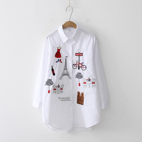 White Kittens Embroidered Long Sleeve Cotton Blouse White - Iron Tower