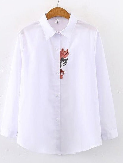 White Kittens Embroidered Long Sleeve Cotton Blouse