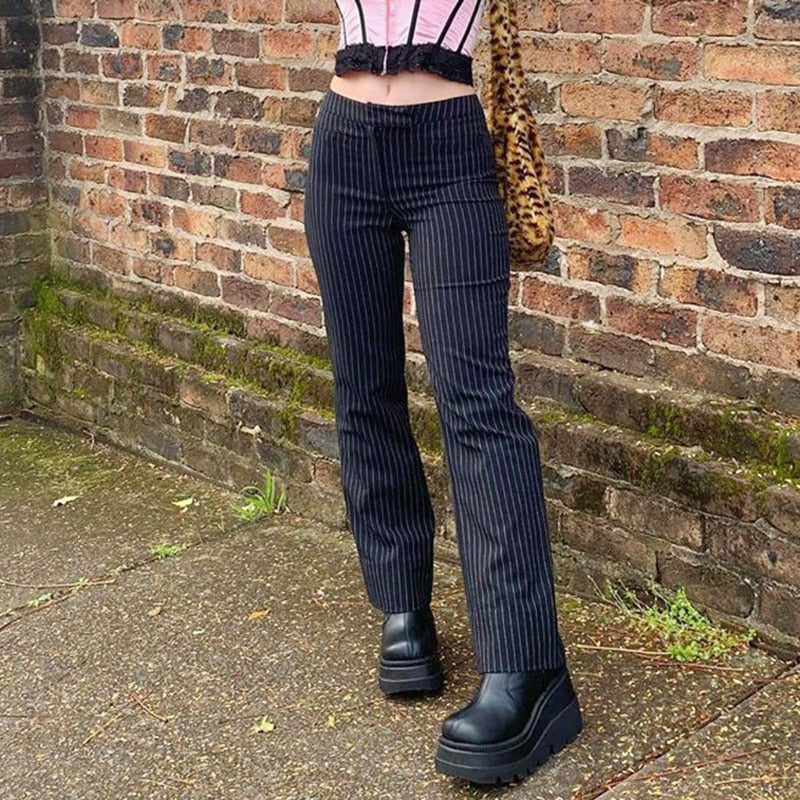 Striped Black & White High Waist Straight Trousers