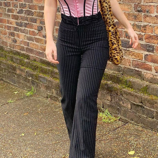 Striped Black & White High Waist Straight Trousers