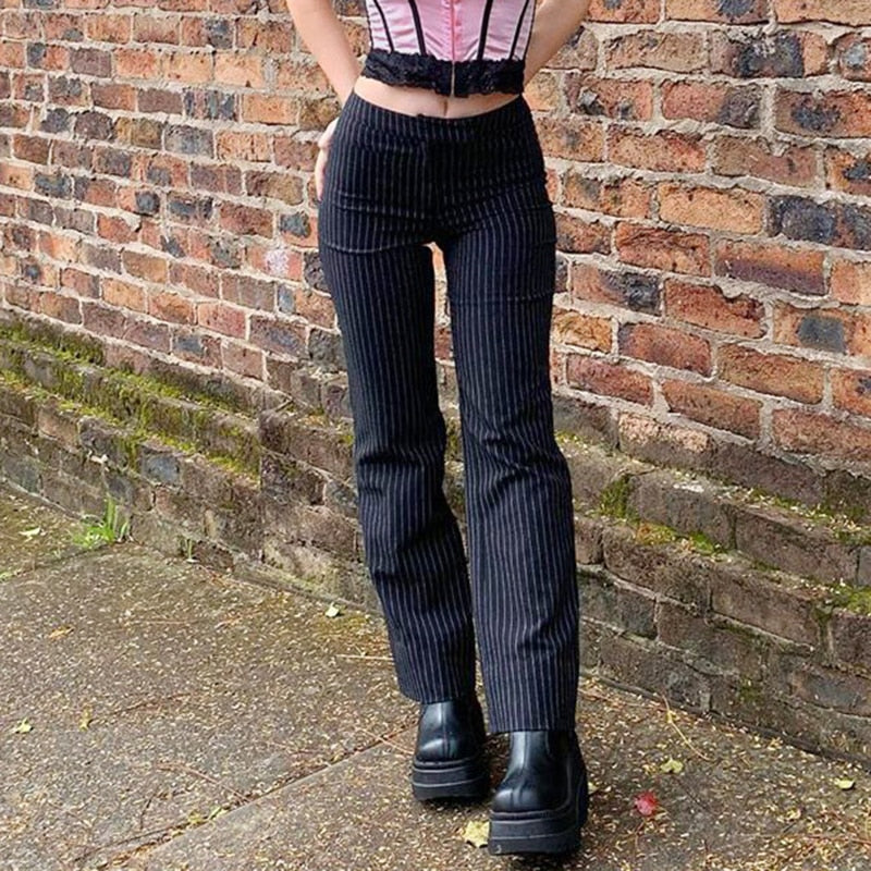 Striped Black & White High Waist Straight Trousers