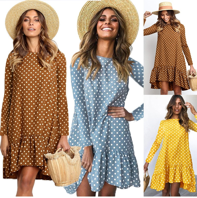 Retro Polka Dot Chiffon Long Sleeve Dress