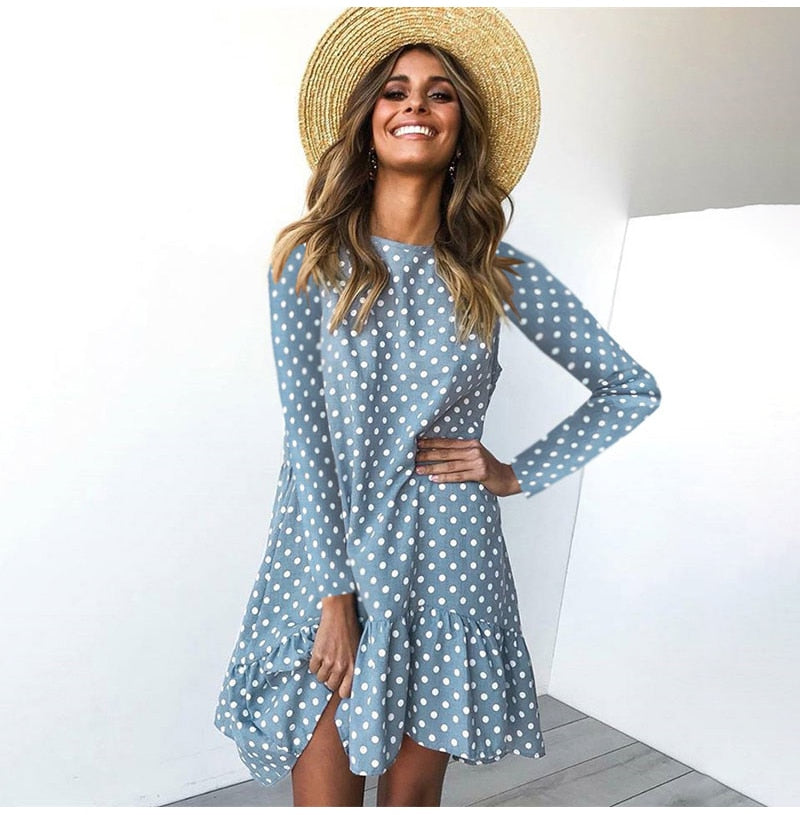 Retro Polka Dot Chiffon Long Sleeve Dress