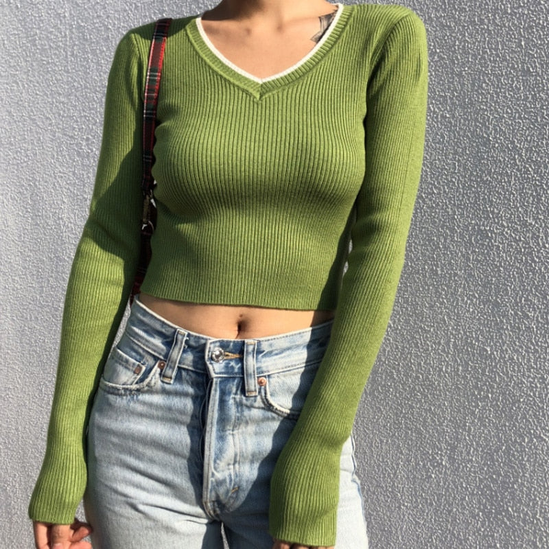 Elegant Vintage V-neck Long Sleeve Crop Top