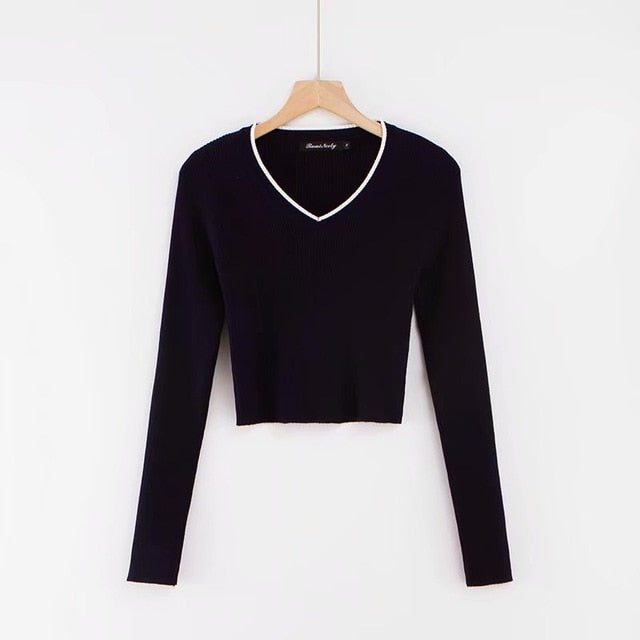 Vintage V-neck Long Sleeve Crop Top