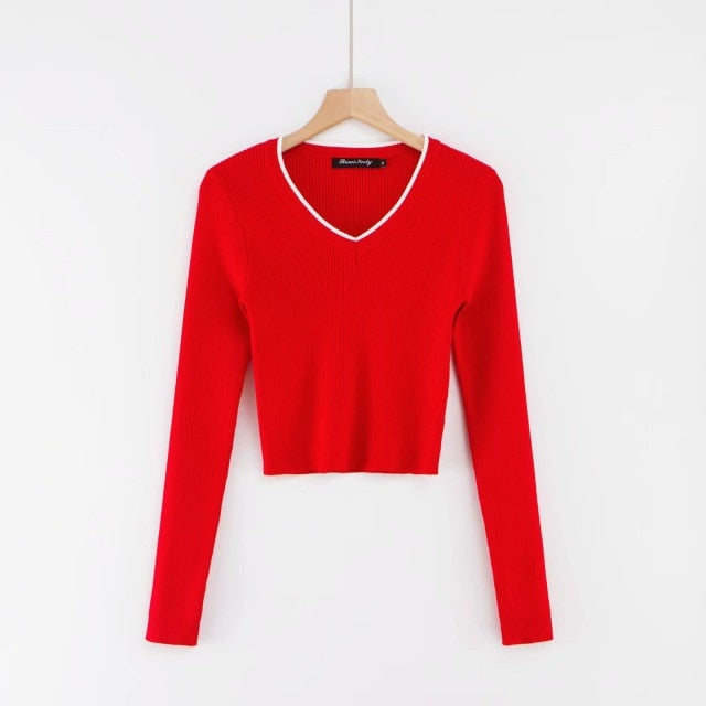 Vintage V-neck Long Sleeve Crop Top