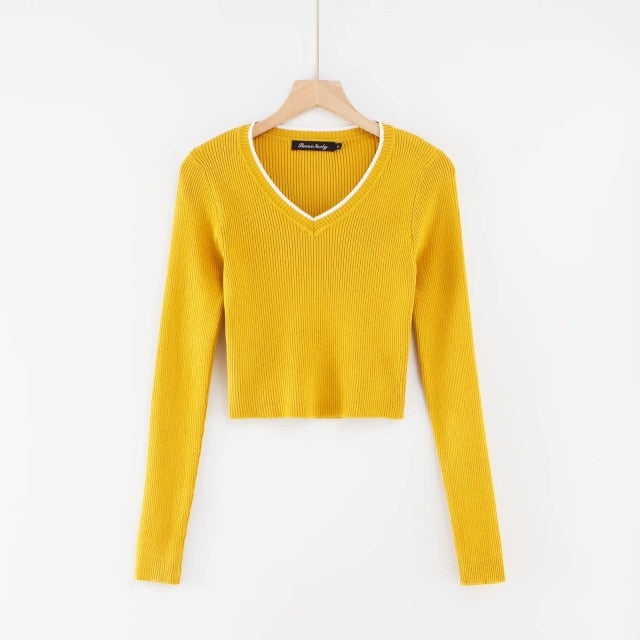 Vintage V-neck Long Sleeve Crop Top