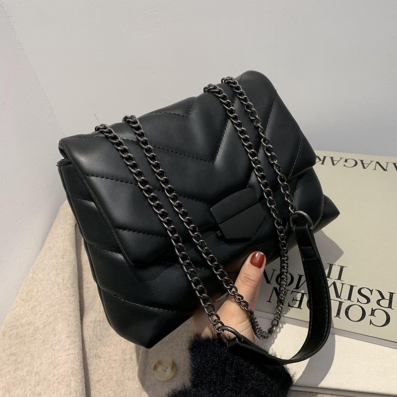 Shoulder Chain Faux Leather Black Handbag