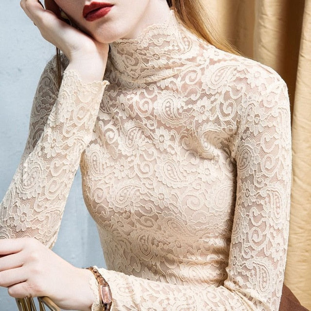 Turtleneck Long Sleeve Lace Blouse