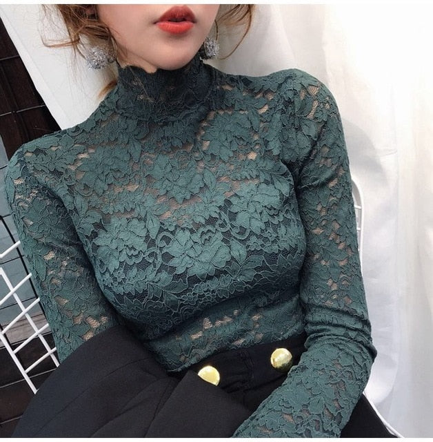 Turtleneck Long Sleeve Lace Blouse