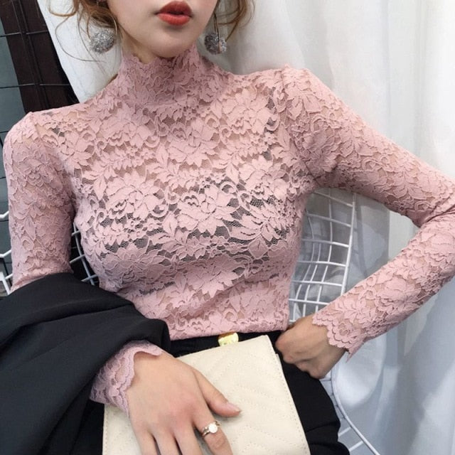 Turtleneck Long Sleeve Lace Blouse