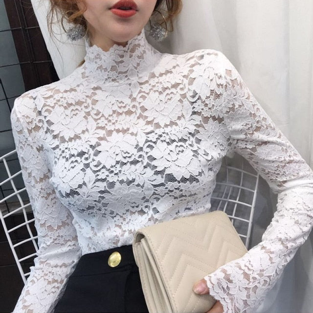 Turtleneck Long Sleeve Lace Blouse