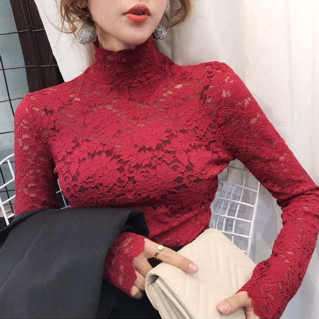 Turtleneck Long Sleeve Lace Blouse