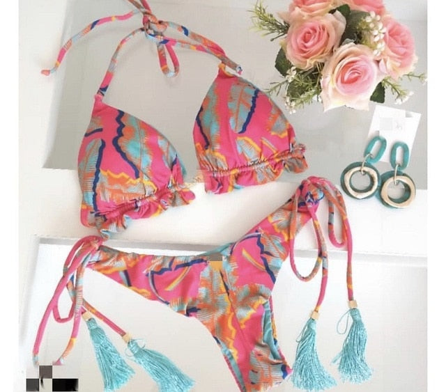 Latest Feather print Brazilian bikini set