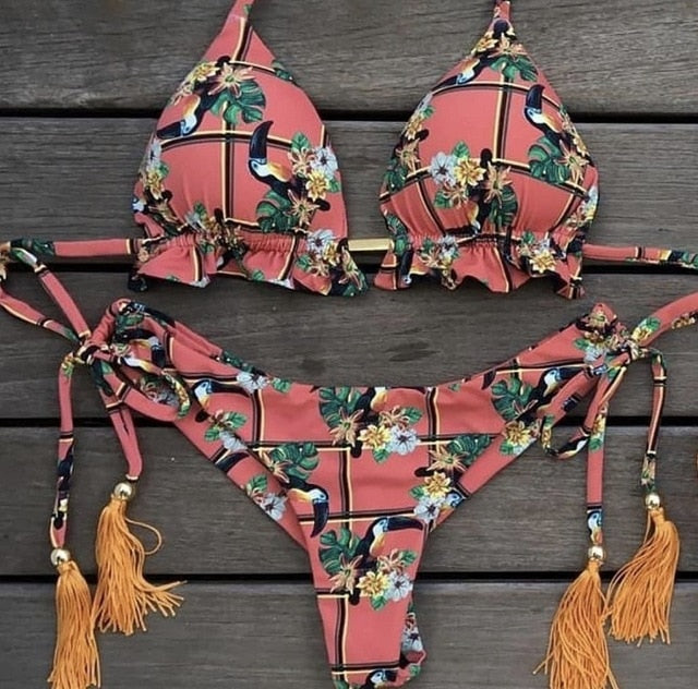 Feather print Brazilian bikini set