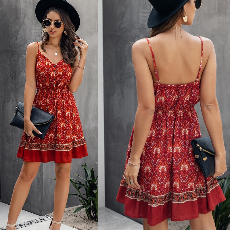 V-neck button detail mini sun dress