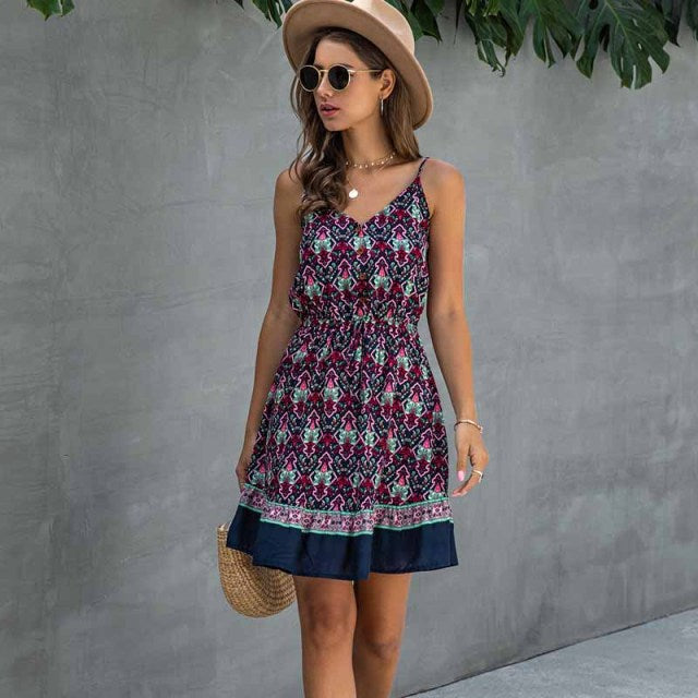 V-neck button detail mini sun dress 0185 DarkBlue XXL