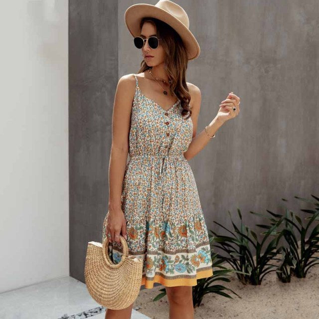 V-neck button detail mini sun dress