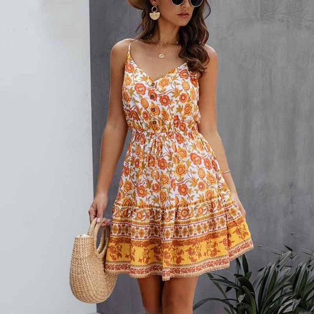 V-neck button detail mini sun dress