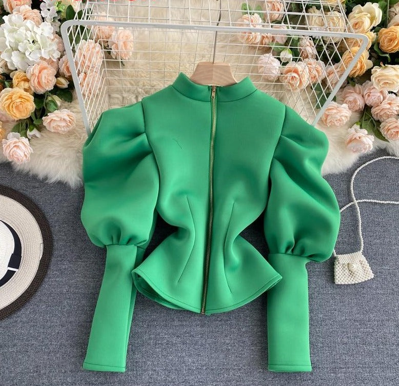 Puff Sleeve green Zipper Cardigan