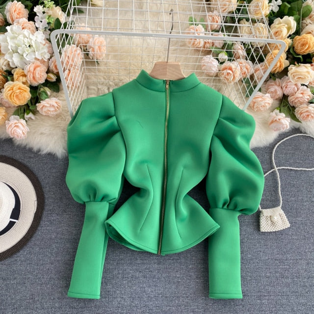 Puff Sleeve Zipper Cardigan