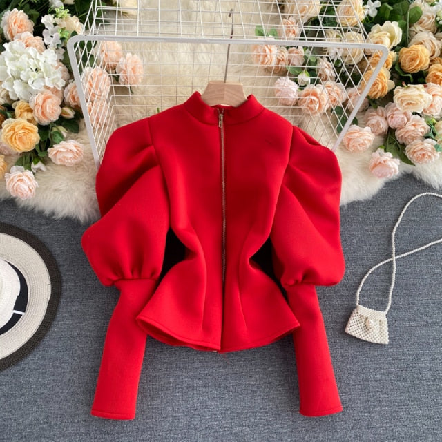 Puff Sleeve Zipper Cardigan