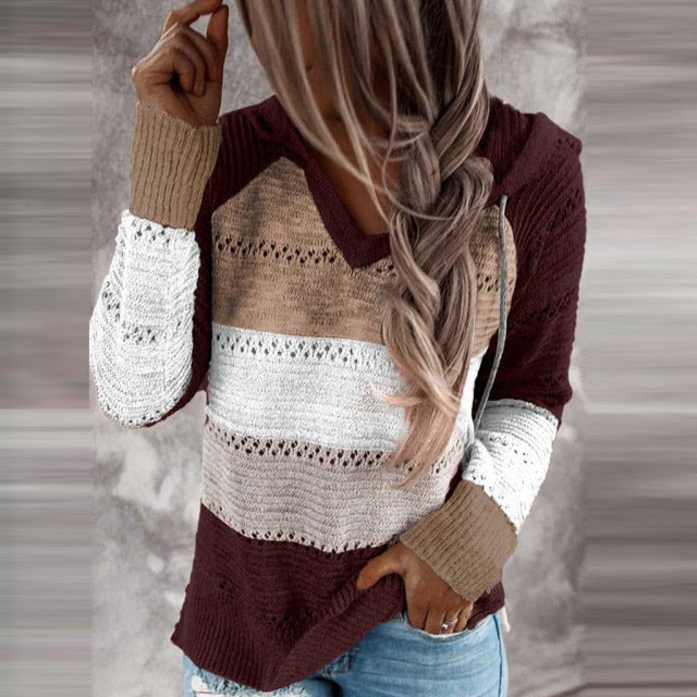 Knitted Patchwork Hoodie Sweatshirt