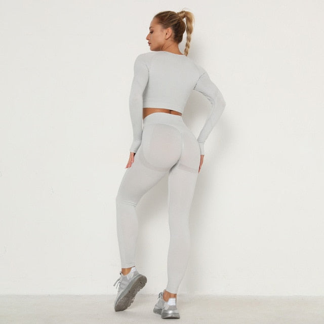 Activewear Gym Long Sleeve Top and High Waist Leggings New Set Light Grey