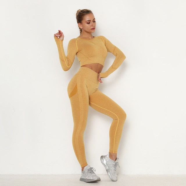 Activewear Gym Long Sleeve Top and High Waist Leggings New Set Yellow