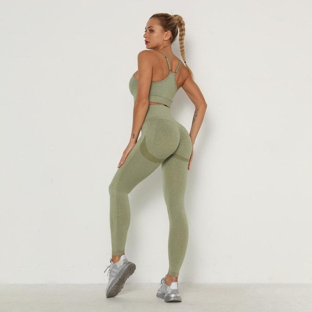 Activewear Gym Long Sleeve Top and High Waist Leggings Bra Set Grass Green