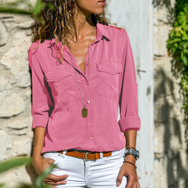 Long Sleeve Pocket Detail Shirt Blouse Pink